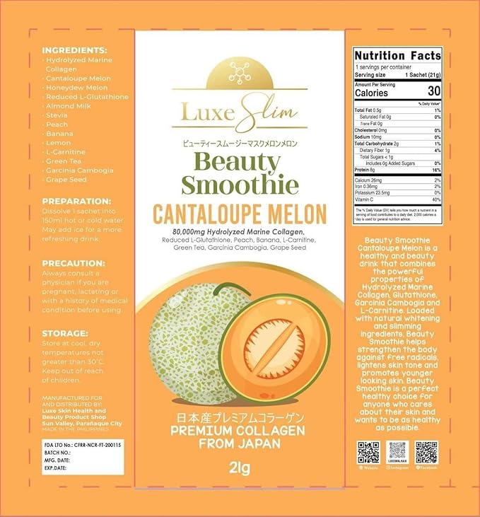 Luxe Slim Beauty Smoothie Cantaloupe Melon, 80,000mg Hydrolyzed Marine Collagen, 21gx10 Sachets, 7.4075 Ounce