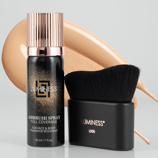 LUMINESS Airbrush Body Coverage with Self Tanner Brush - Tattoo Cover Up Makeup - Full Coverage Foundation for Face & Body - Water-Resistant, Long-Wear, Natural Radiant Finish, Light Medium