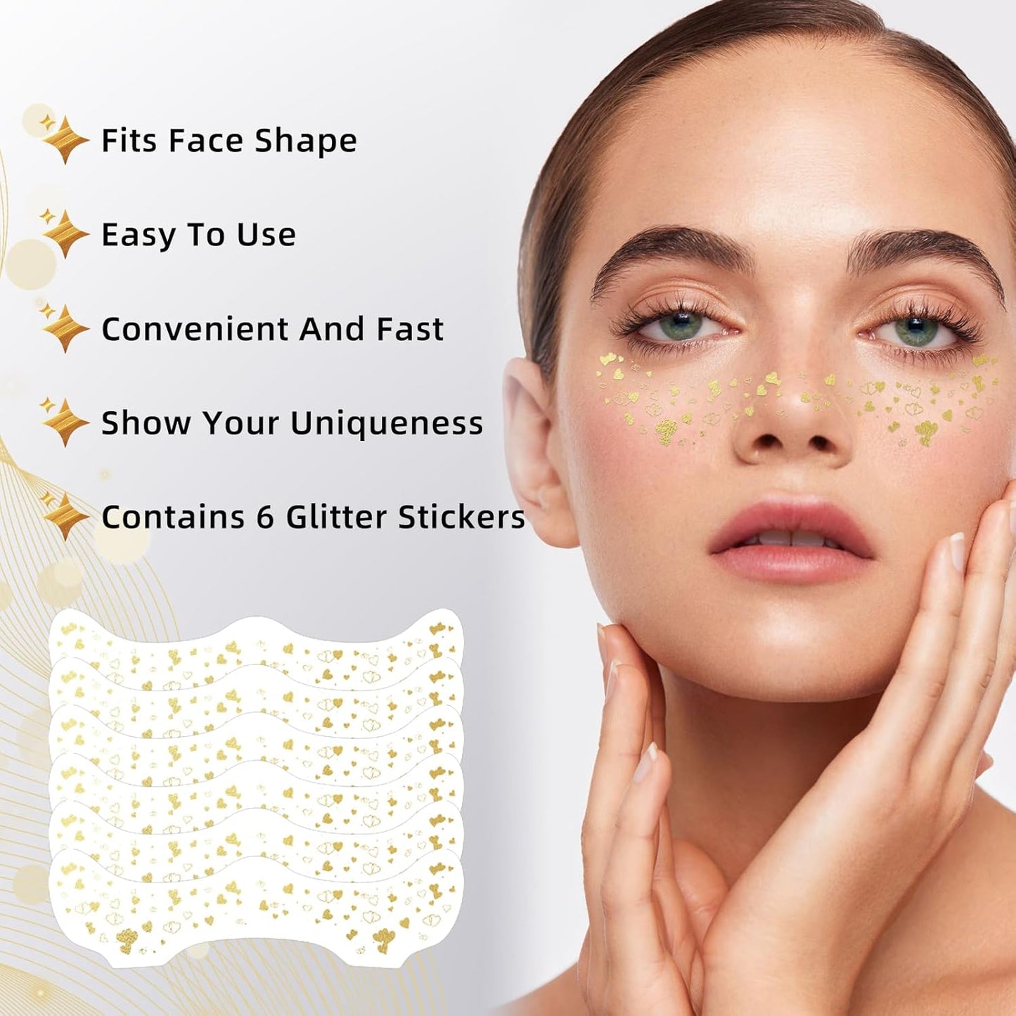 Glitter Freckles - 6PCS Makeup Patches, Gold Face Glitter, Waterproof Glitter Freckles Face Tattoo, Shiny Face Glitter for Kids, Waterproof Face Jewels for Women, Fake Freckles Party Makeup Accessory