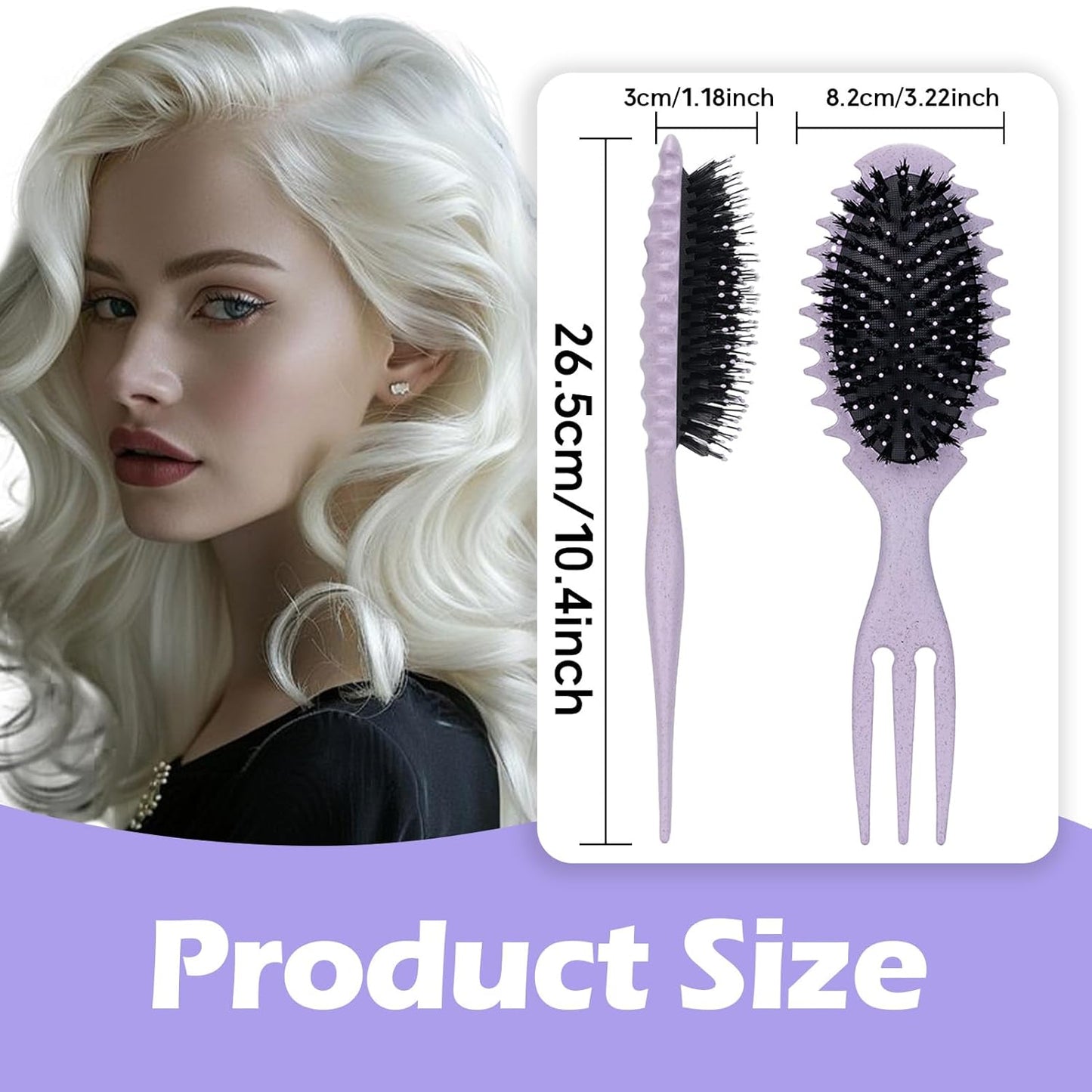 Curly Hair Boar Bristle Curl Defining Brush for Curl Wave Straight Hair, Unique Trident Handle Design Defineing Brush for Wet Dry HairsStyling Massage Hairbrush Hairs Pick Comb Purple