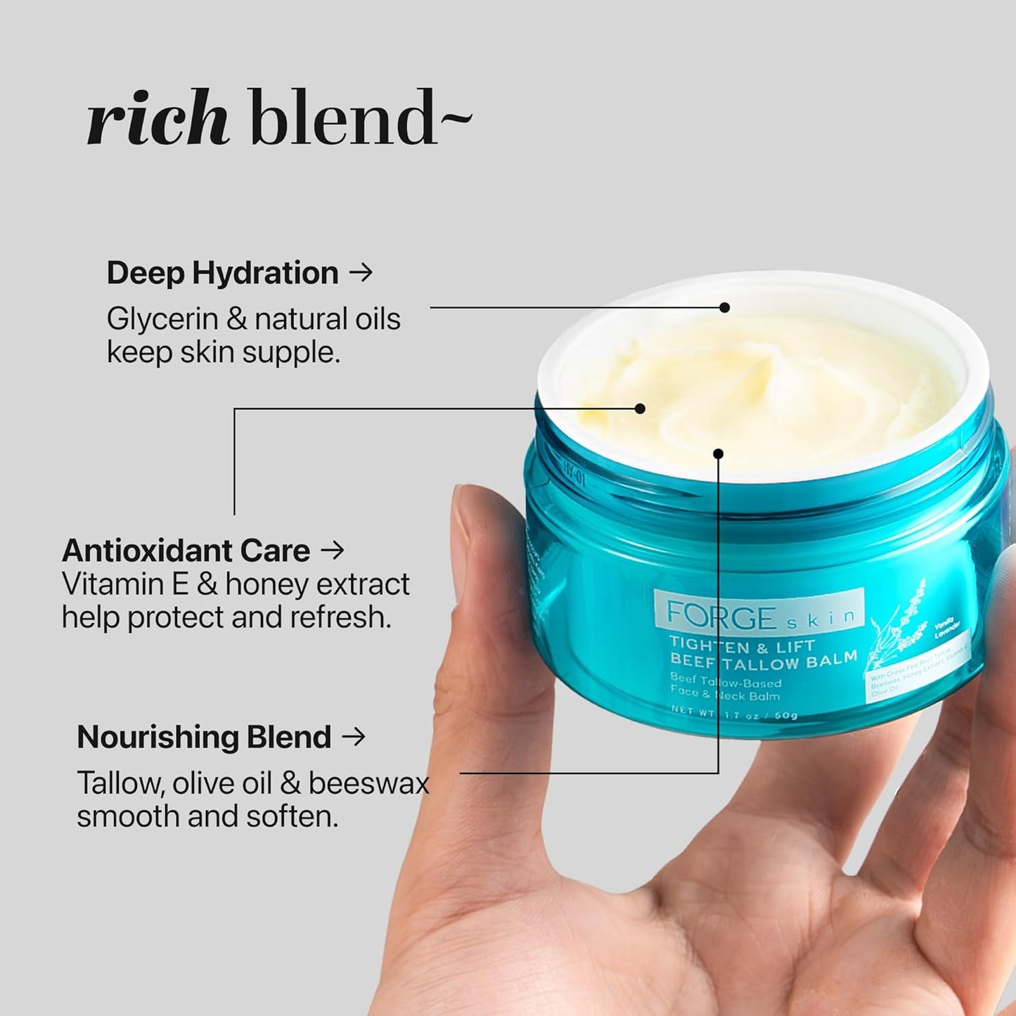 Forge Skin® Tighten & Lift Balm for Women [TALLOW-BASED] - Beef Tallow & Honey Extract Face Moisturizer - Natural Cream - Hydrating Facial Lotion - Anti Aging Skincare with Essential Oils (1.7 OZ)