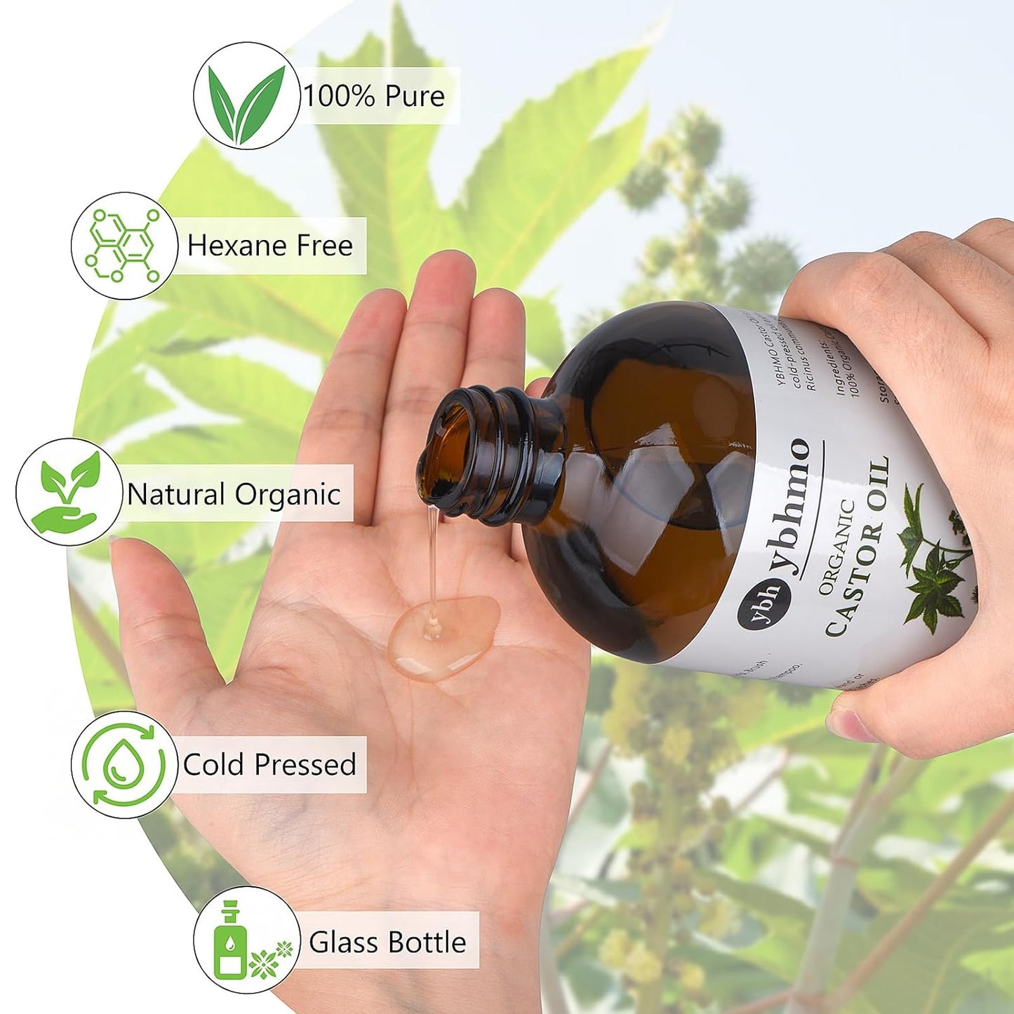 Cold Pressed Castor Oil Organic Glass Bottle(16 Fl Oz),100% Pure ，Hexane Free for Hair Growth & Care, Castor oil pack & Moisturize Body Skin