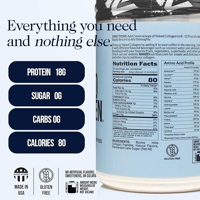 NAKED Caramel Collagen Peptides Protein Powder, 25 Servings, Pasture-Raised, Grass-Fed Hydrolyzed Collagen Supplement, Paleo Friendly, Non-GMO, Keto, Gluten Free, 20oz