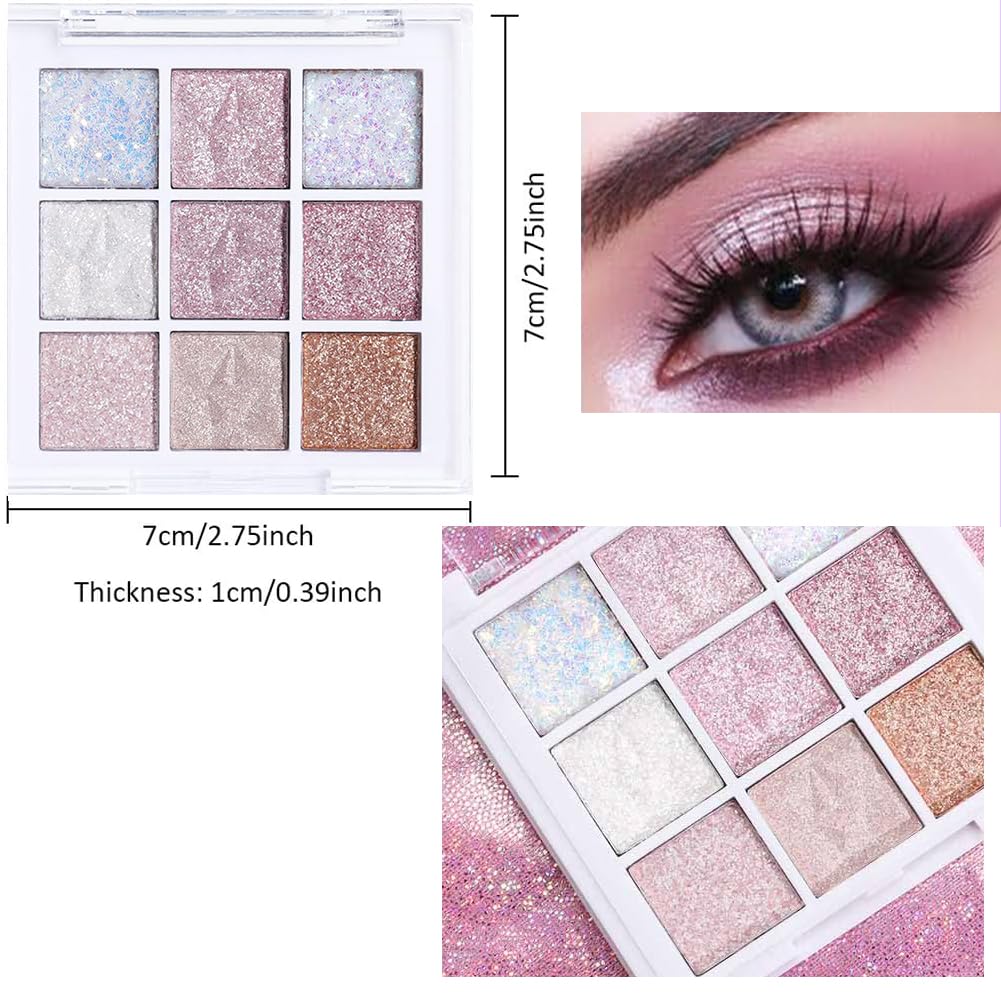 Glitter Shimmer Eye Shadow Palette Makeup,Pink White Purple Sparkle Warm Pastel 9 Colors Eye Shadow Palette,Nude White Eyeshadow Palette Colorful Long Lasting Waterproof Naturing-Looking