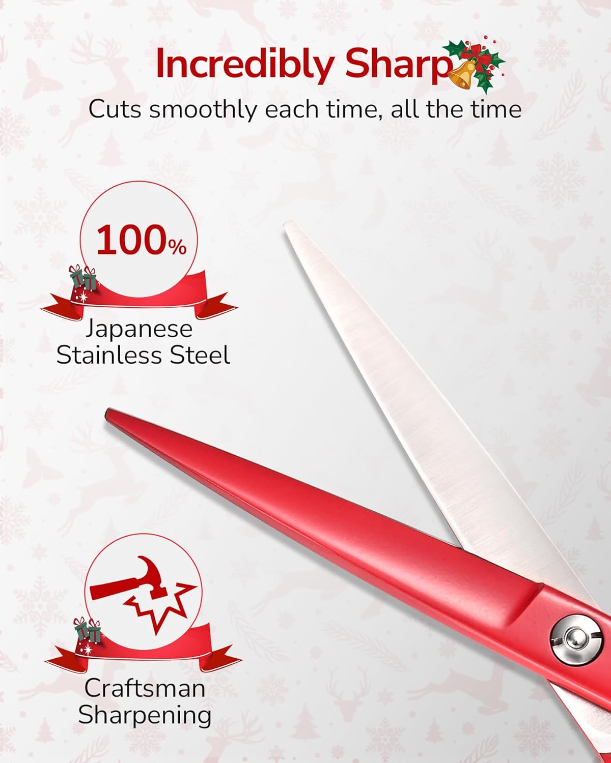 ULG 6.5” Hair Cutting Scissors, Professional Japanese Stainless Steel, Razor Sharp Barber Shears with Ergonomic Offset Handles, Lightweight and Durable for Stylist & Home Use, Christmas Red Edition