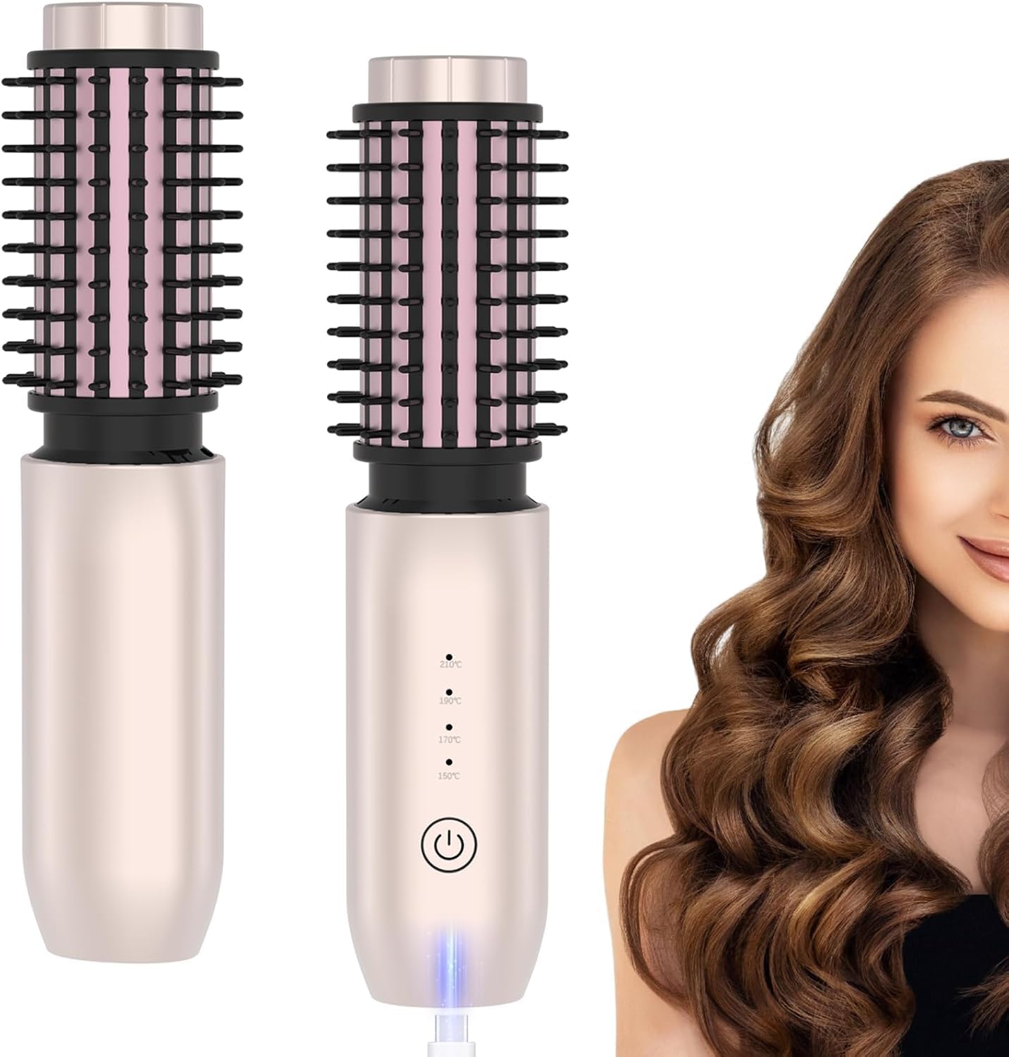 Cordless Curling Iron Rechargeable, Portable Travel Curling Iron Brush, 3-in-1 Hair Straightener Brush, Heated Round Curling Wand, 4 Temperature 7000mah Hair Curler Tool for Women - Rose Gold