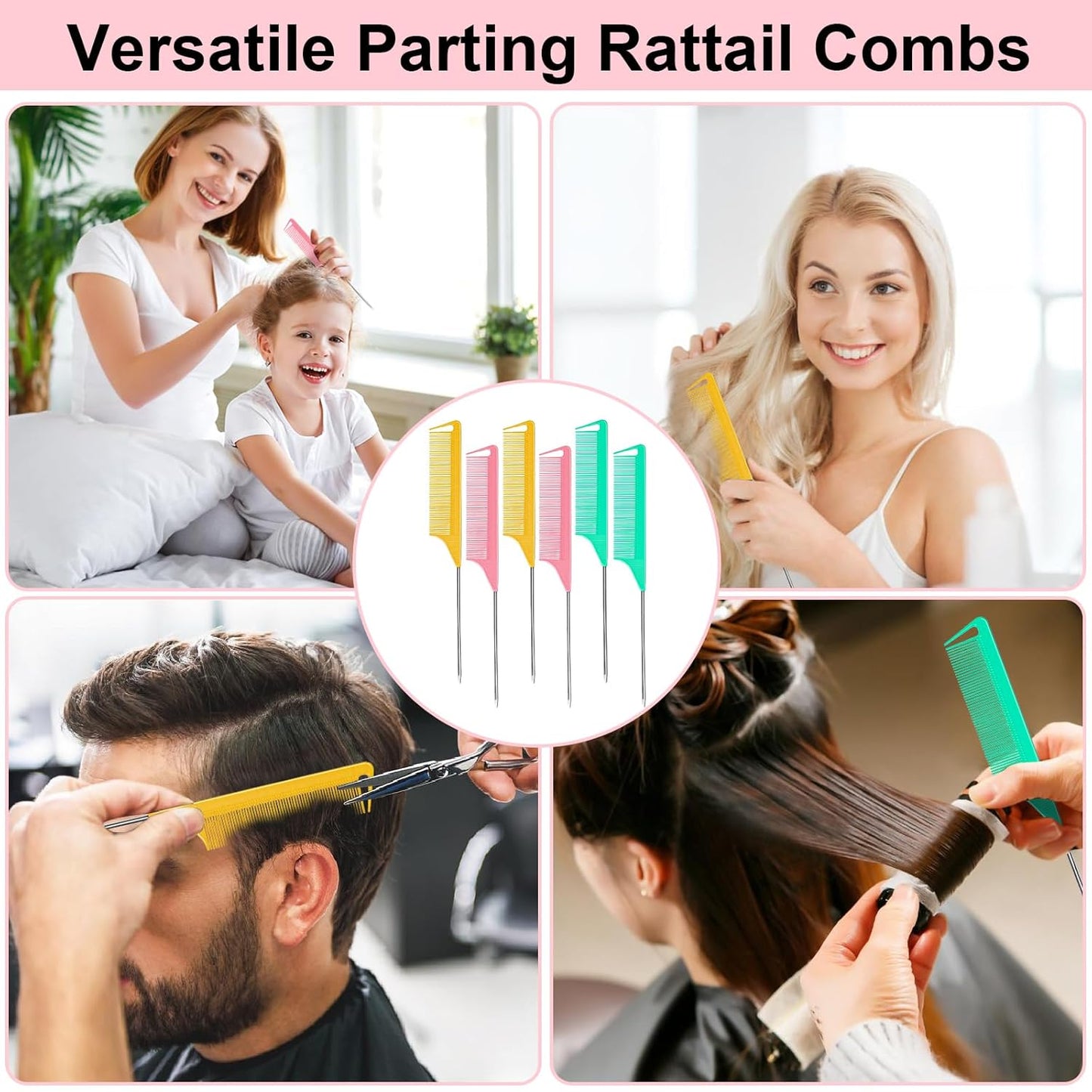 6 PCS Rat Tail Hair Parting Combs - Steel Pin Rat Tail Teasing Fine Tooth Comb Set for Women,Rattail Styling Metal Comb with Stainless Steel Pintail,Carbon Heat Resistant Comb for Curly Braiding Hair