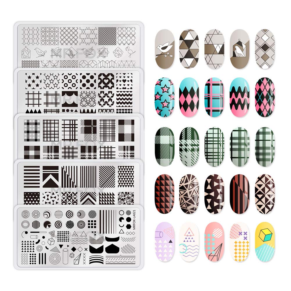 Mr.Fox Nail Printing Board Set Geometric Motif Lines Round Plaid Diamond Pattern Art DIY hot Stamping Template, etc
