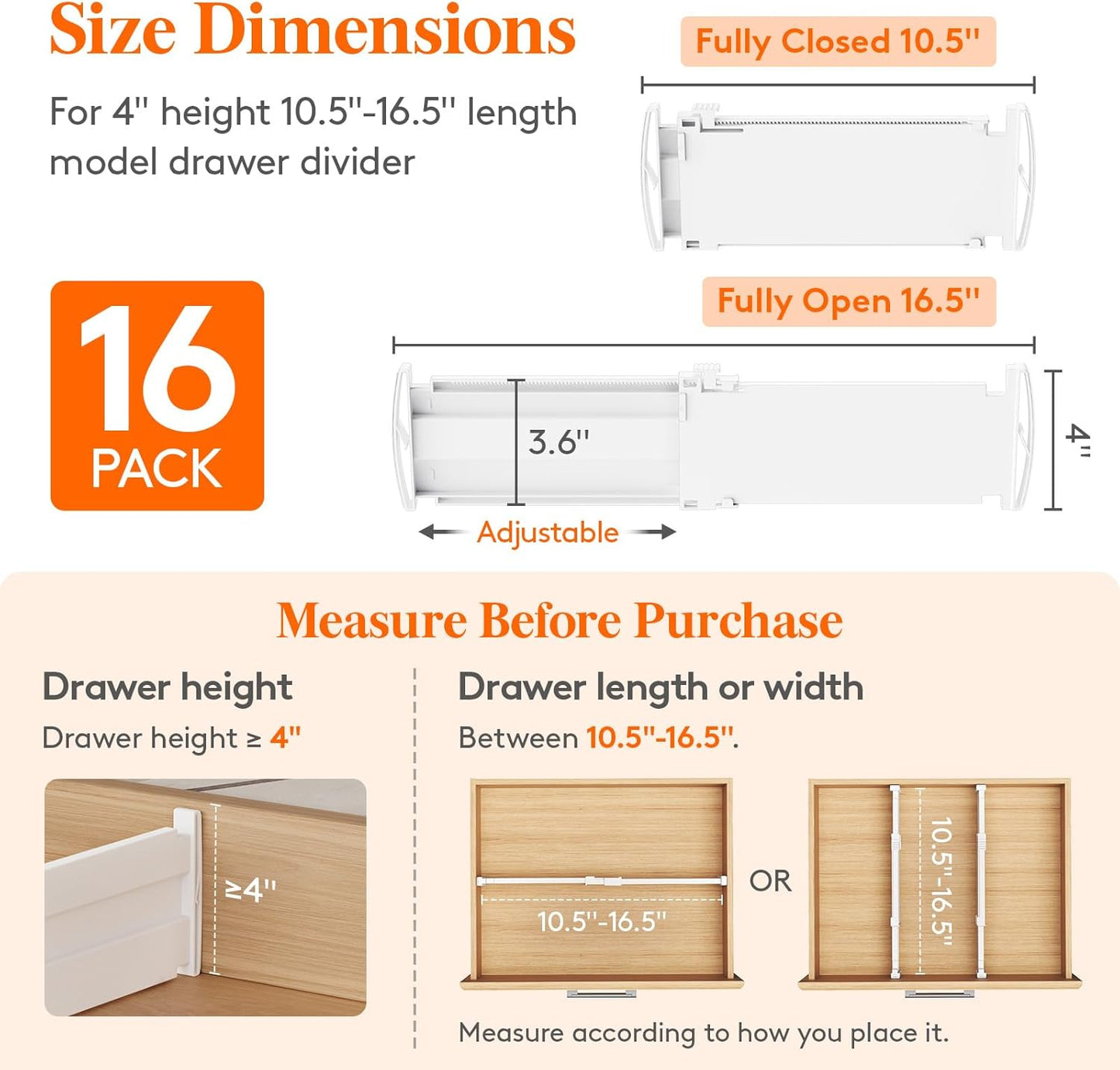 Lifewit 16 Pack Drawer Dividers 4" High, 10.5-16.5" Dresser Drawer Divider, Adjustable Drawer Organizers for Clothes, Plastic Drawers Separators for Dresser, Bedroom, Bathroom, Kitchen, Office