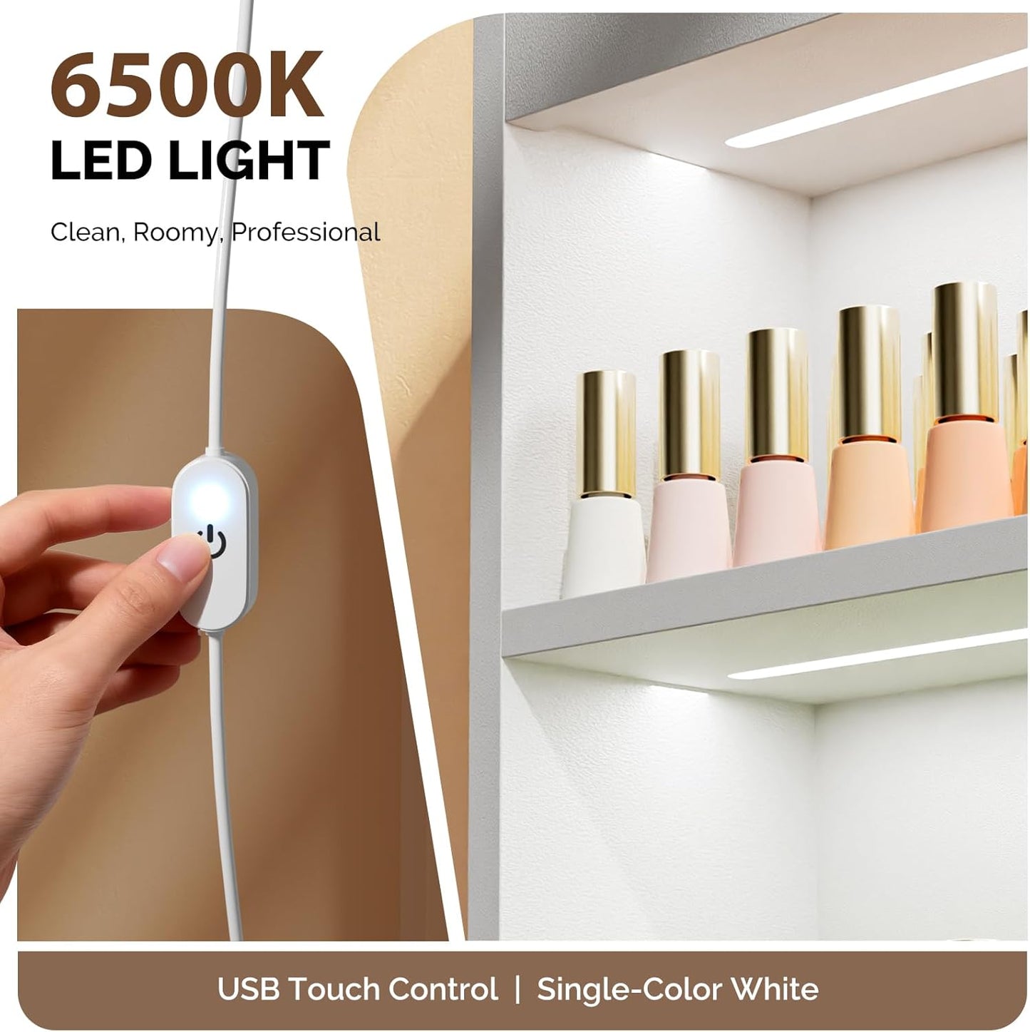 OmySalon Wall Mounted Display Rack, 32-Inch 3-Tier LED Nail Polish Organizer Shelf with USB Touch Control, for Nail Salon, Spa, Beauty Studio Storage, Wooden Retail Display (White)