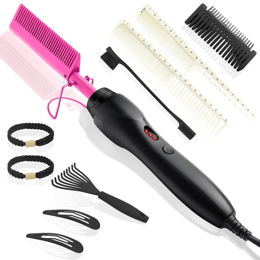 Electric Hot Comb Hair Straightener Heat Pressing Comb Curling Flat Iron Curler Hair Straightener Brush for Natural Black,Anti-Scald Beard Straightening Electric Press Comb (Purple-3-Gear)