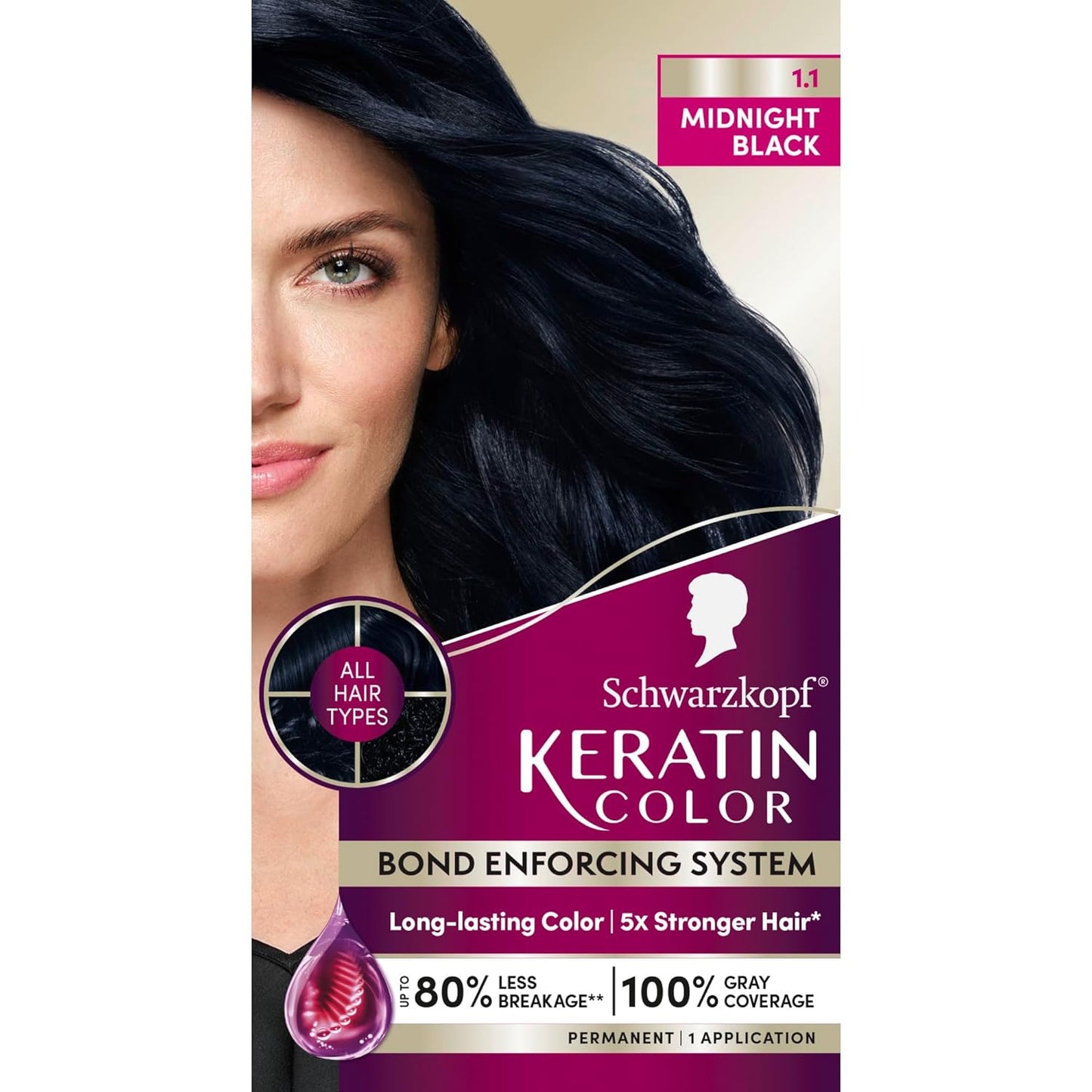 Schwarzkopf Keratin Permanent Hair Dye Cream, 1.1 Midnight Black, Professional Quality Color for Up to 100% Gray Coverage, Bond Enforcing System