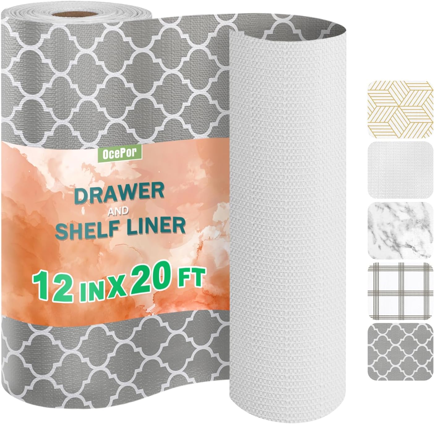 OcePor Non-Adhesive Drawer and Shelf Liner 12IN x 20FT，Non Slip Cabinet and Cupboard Liner, Kitchen Cabinet Liners for Shelves, Waterproof Drawer Shelf Liners for Cabinets/Bathroom Cupboard