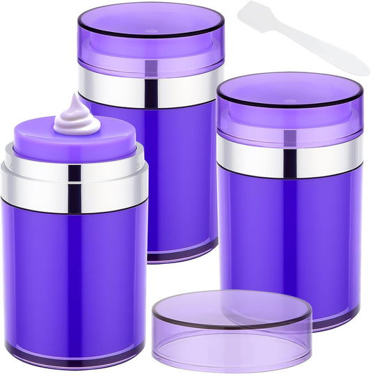 Segbeauty Airless Jar 3.4oz Travel Bottles for Toiletries, 3pcs Empty Travel Containers for Creams, 100ml Purple Refillable Lotion Jars Set, Plastic Vacuum Liquids Containers with Pump for Skincare