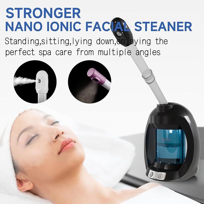 Facial Steamer-Nano Ionic Face Steamer for Facial Deep Cleaning, Vaporizador Steamer for Esthetician, Professional Facial Steamer for Home Facial Spa. (Black)