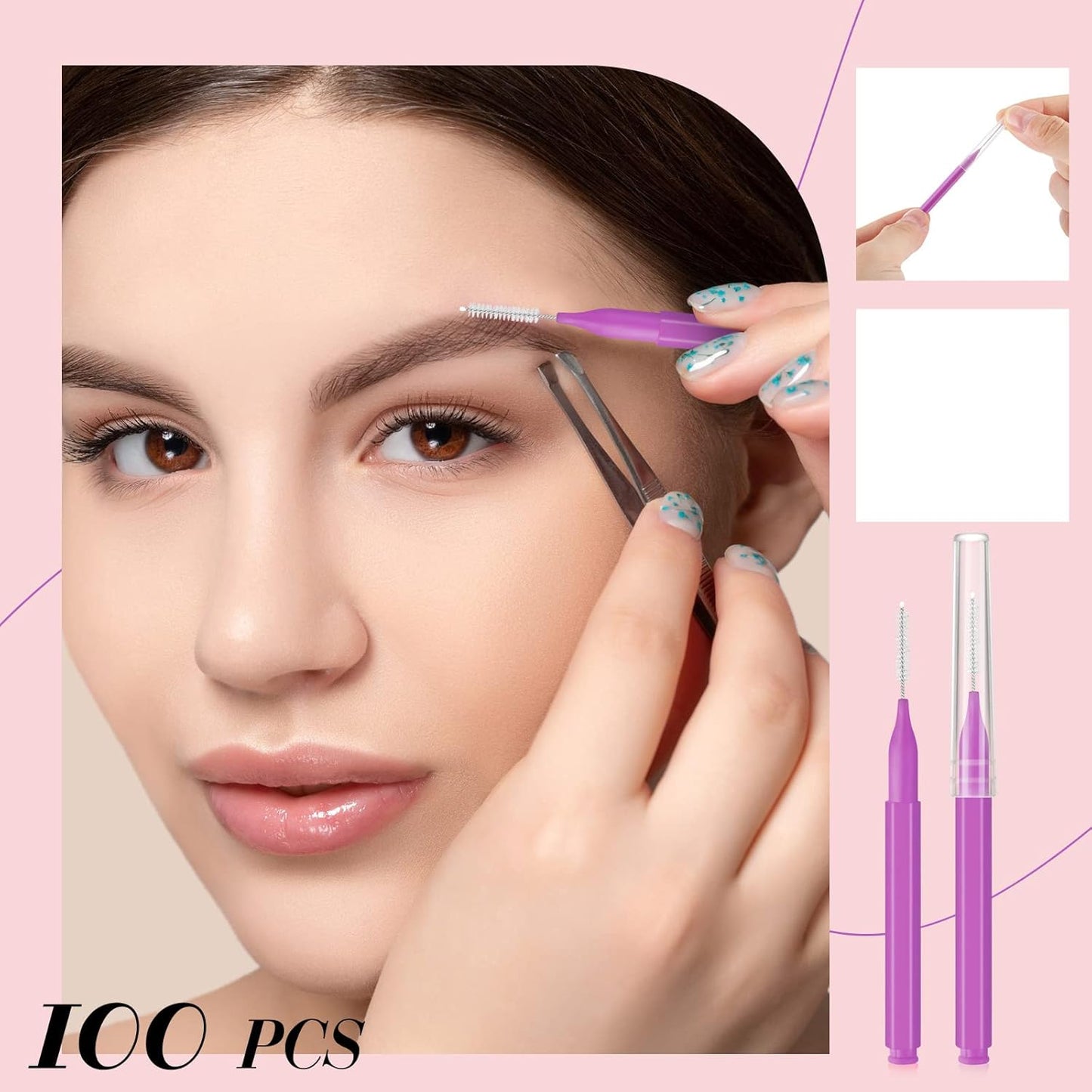 Lallisa 100 Pieces Micro Eyebrow Spoolie Brush with Cap Brow Lamination Tool Eyelash Brush Multifunctional Micro Lash Comb for Eyelash and Eyebrow Extensions Tool(Purple)