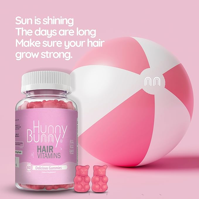 Hunny Bunny Hair Vitamin Biotin Gummies - Biotin Supplement with Vitamin A, C, D, E, B6 – Hair Growth, Skin, Nail Vitamins - Non GMO, Gluten Free – 60 Gummies