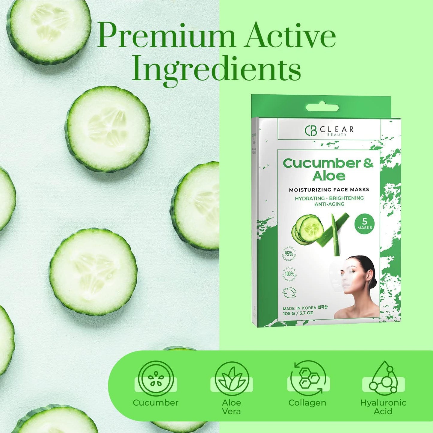 Clear Beauty Cucumber & Aloe Moisturizing Face Mask - Dermatologist Tested, Soothes Irritated Skin, Reduces Wrinkles & Fine Lines, Hydrating, Cruelty-Free Korean Skin Care - All Skin Types