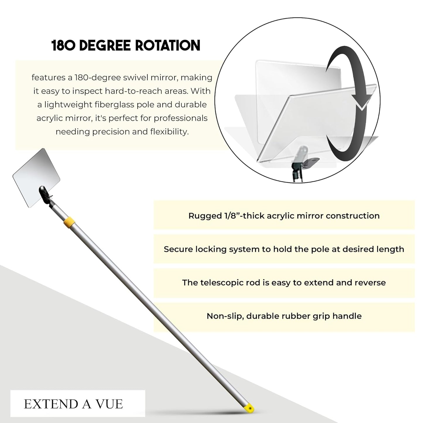 Inspection Mirror Telescoping Pole, Lightweight & Durable, 3 ft - 6 ft Pole, 3 Size Acrylic Mirror