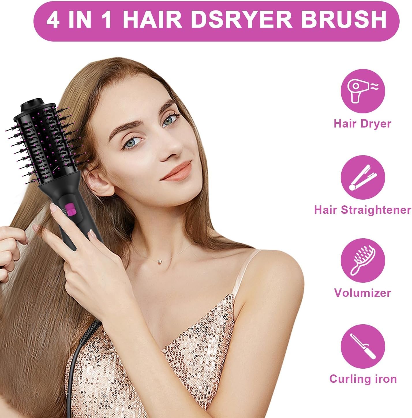 Dual Voltage Mini Hair Dryer Brush with UK/EU Plug, Blow Dryer Brushes 120V - 240V for European Travel, One Step Hair Dryer and Styler Volumizer with Negative Ion Anti-frizz Styling Brush
