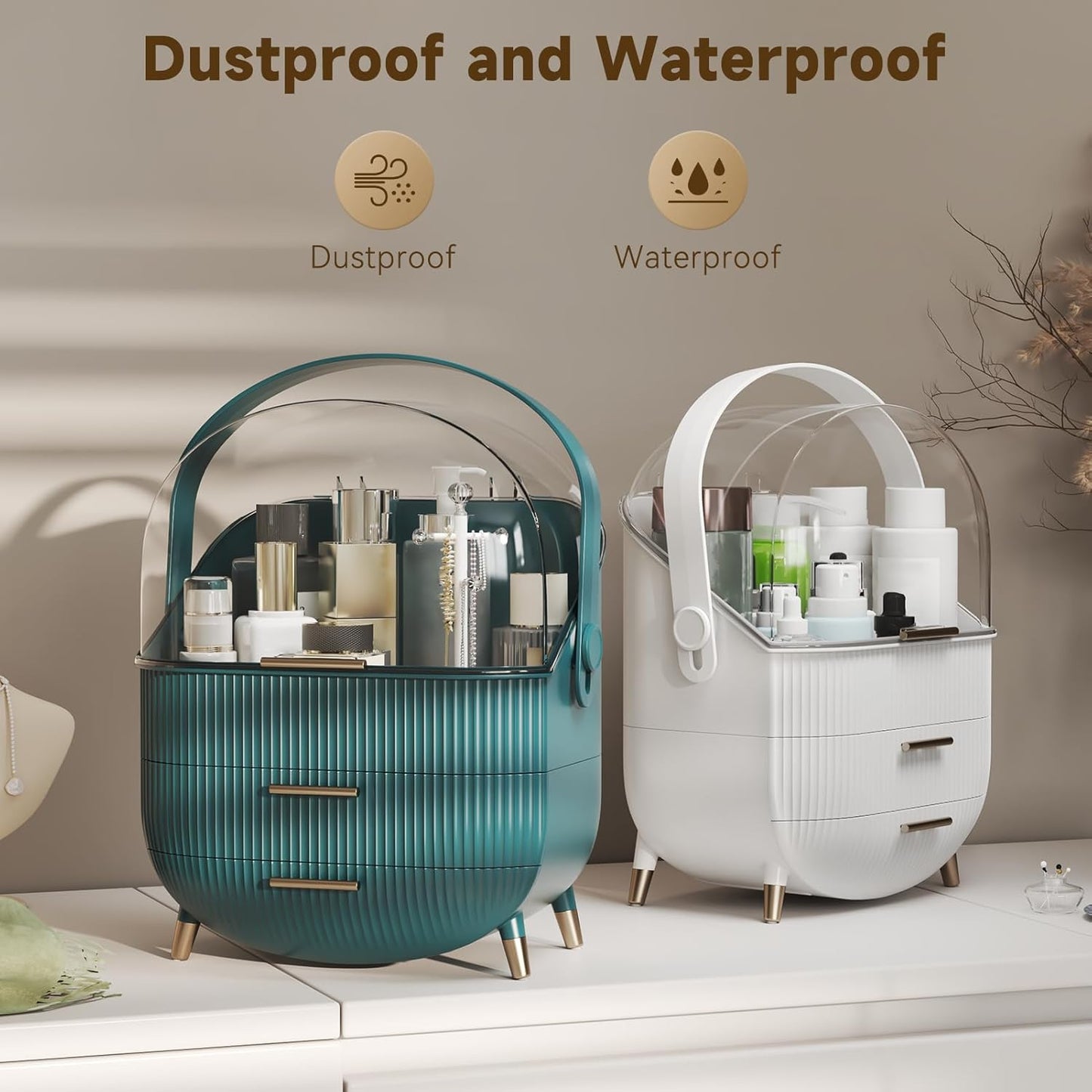 Makeup Organizers, Make Up Organizer for Vanity, Countertop Cosmetic Storage with Drawers and Transparent Cover for Bedroom Bathroom, White