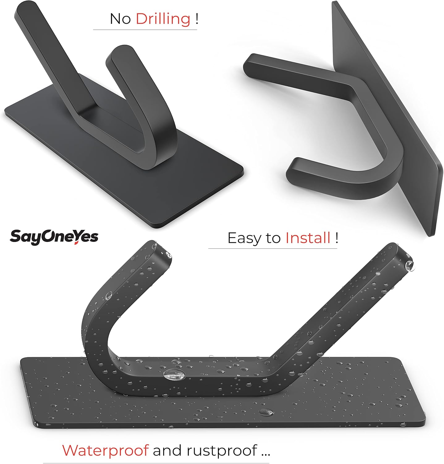 Matte Black Self Adhesive Towel Hooks for Bathroom Wall Door Mounted - SUS304 Stainless Steel Strong Strips Stick on 3M Wall Hooks for Hanging Coat, Hat, Bag, Key, Jacket – 5 Pack