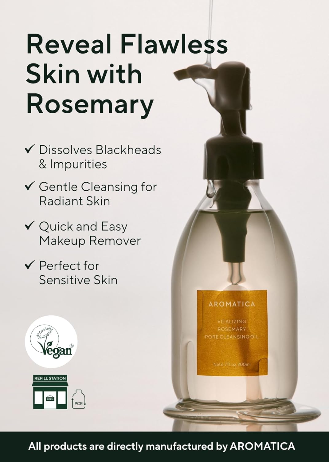 AROMATICA Vitalizing Rosemary Pore Cleansing Oil – Double Cleanser & Makeup Remover, Oil-Based for Gentle Sebum Control with Fermented Moringa & Essential Oils (6.7 fl oz./200ml)