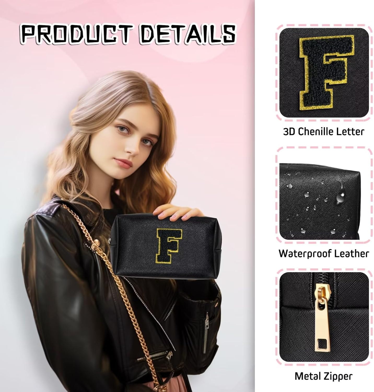 TOPEAST Cosmetic Travel Bags for Women, Preppy Small Makeup Bag, PU Leather Waterproof Toiletry Bag, Unique Friendship Gifts for Friends Coworker, Cute Stuff for Girls (Black R)