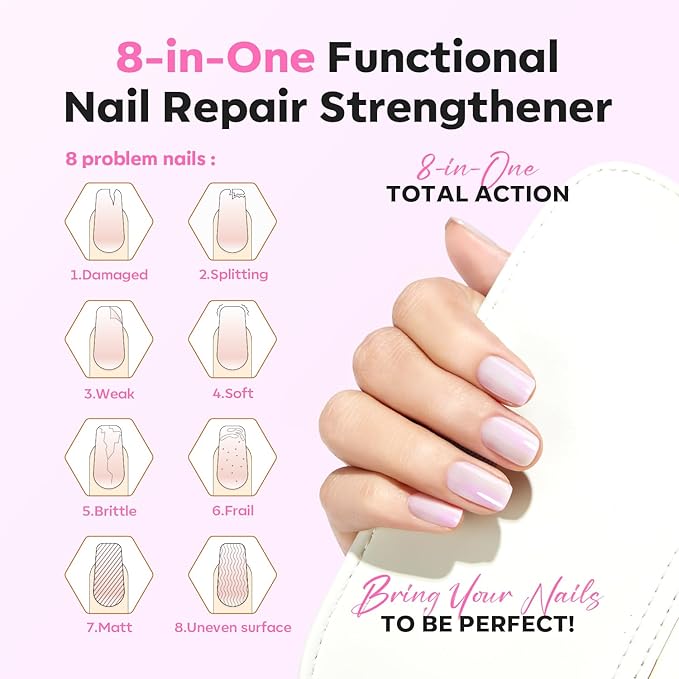 modelones Nail Strengthener Ridge Filler for Nails Repair Kits Pearl Pink White Nail Polish for Thin Weak & Damaged Nails Hardener for Nail Protection, Nail Care, 15ml