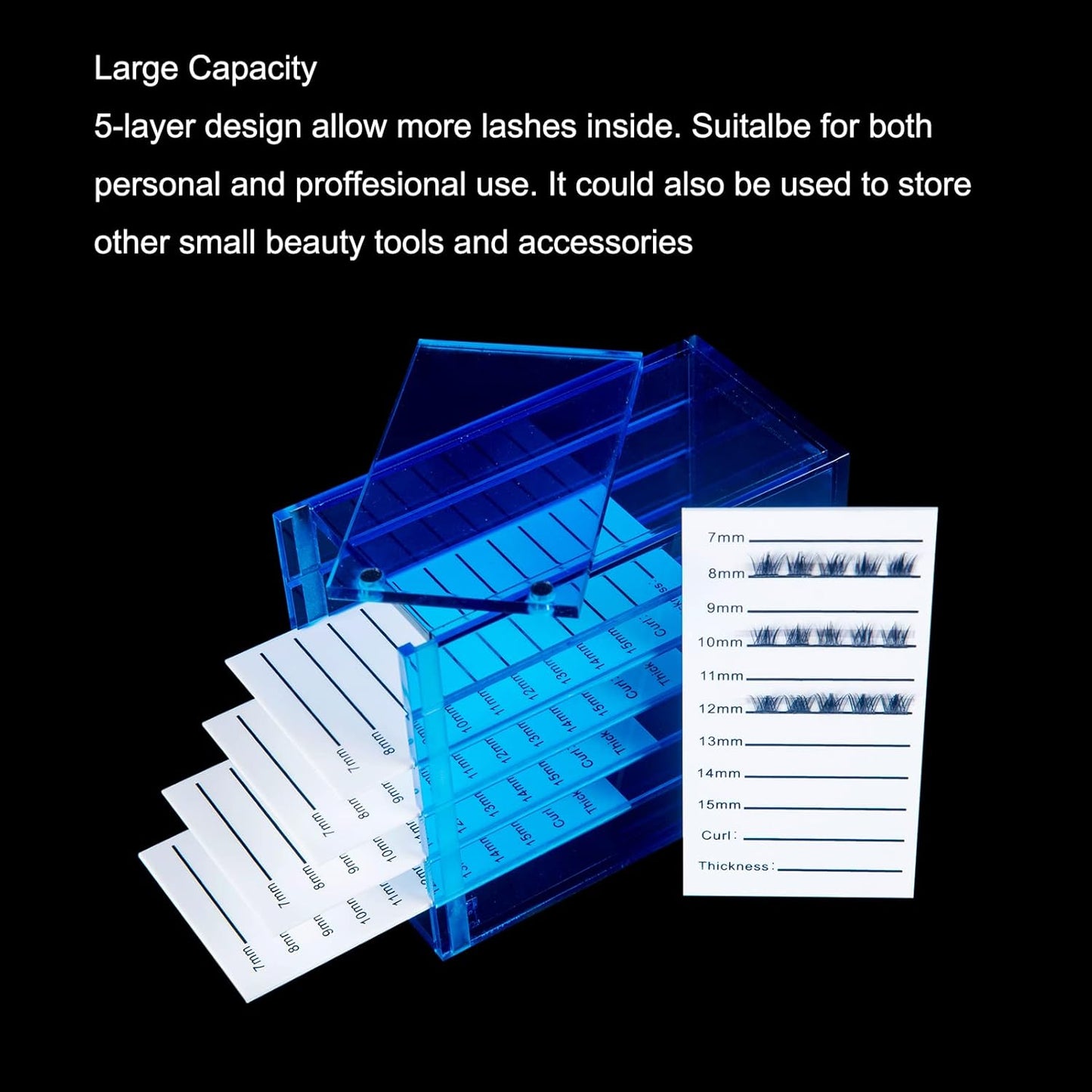 Lash Storage Organizer, Upgrade Design Small 5-Layer Lash Trays for Lash Extensions with magnet cover, Blue Semilucent lash tray Organizer, Eyelash Storage Box