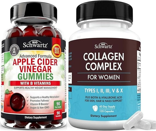 BioSchwartz ACV Apple Cider Vinegar Gummies with B Complex Vitamins (3 Month Supply) Plus Hydrolyzed Collagen Peptide Capsules (45 Day Supply)