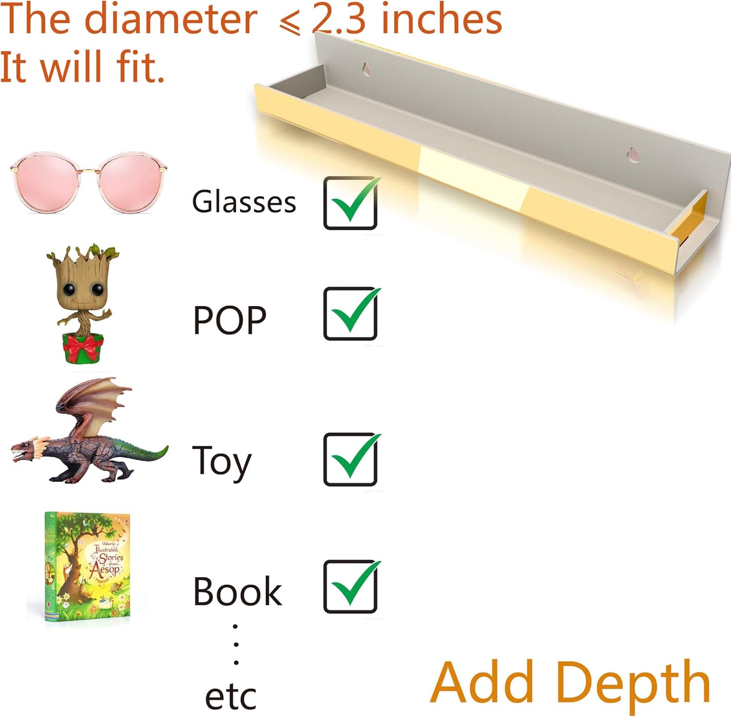 4 Pack 15 Inch Gold Reflective Acrylic Shelves, Gold Foating Shelves, Modern Sunglasses Essential Oil Picture Ledge Display Toy Storage Shelf