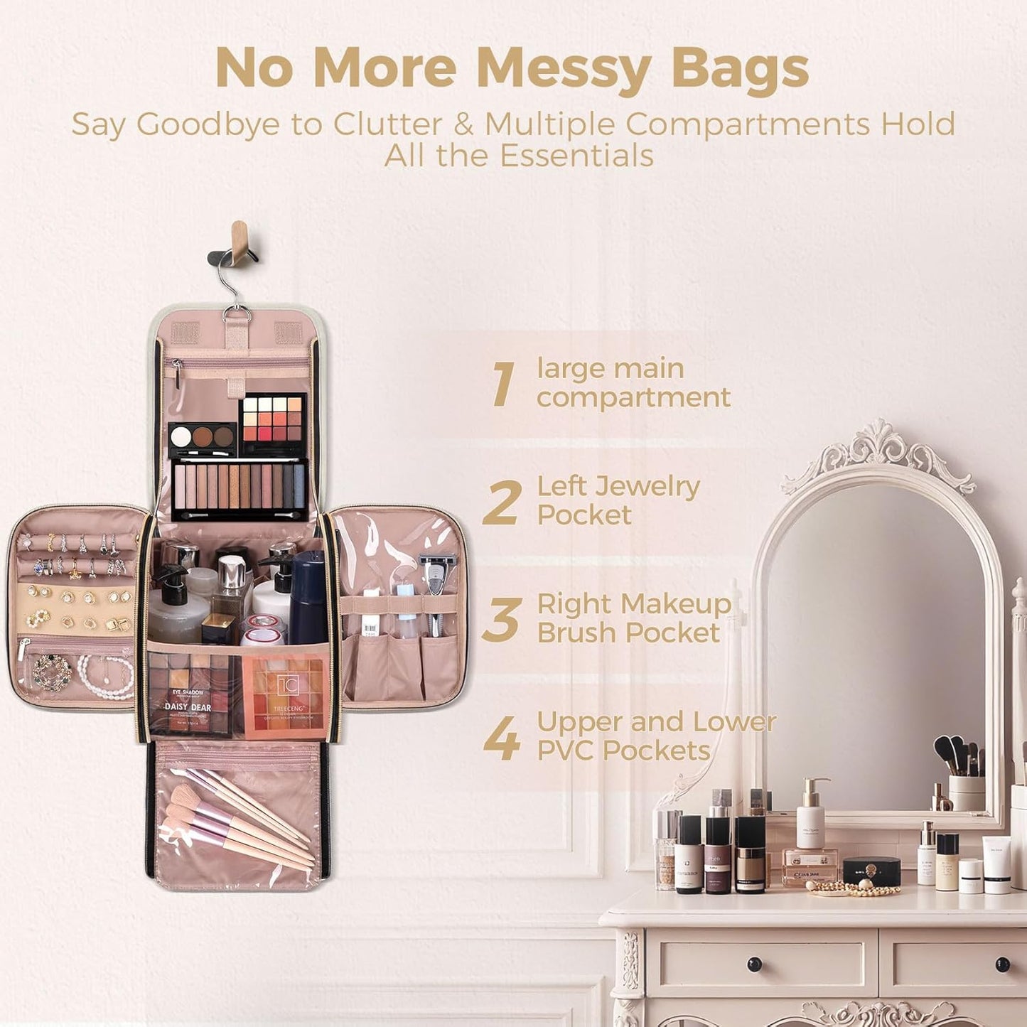 Hanging Toiletry Bag & Makeup Bag for Women with Jewelry Organizer - TSA Approved Large Capacity Travel Cosmetic Organizer, Waterproof Shower Essentials Case with Transparent Pockets, Beige