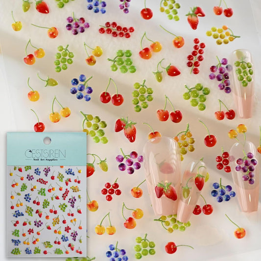 Cute Fruit Nail Decals, Embossed Cherry Grape Nail Stickers, Self-Adhesive Nail Accessories for Women