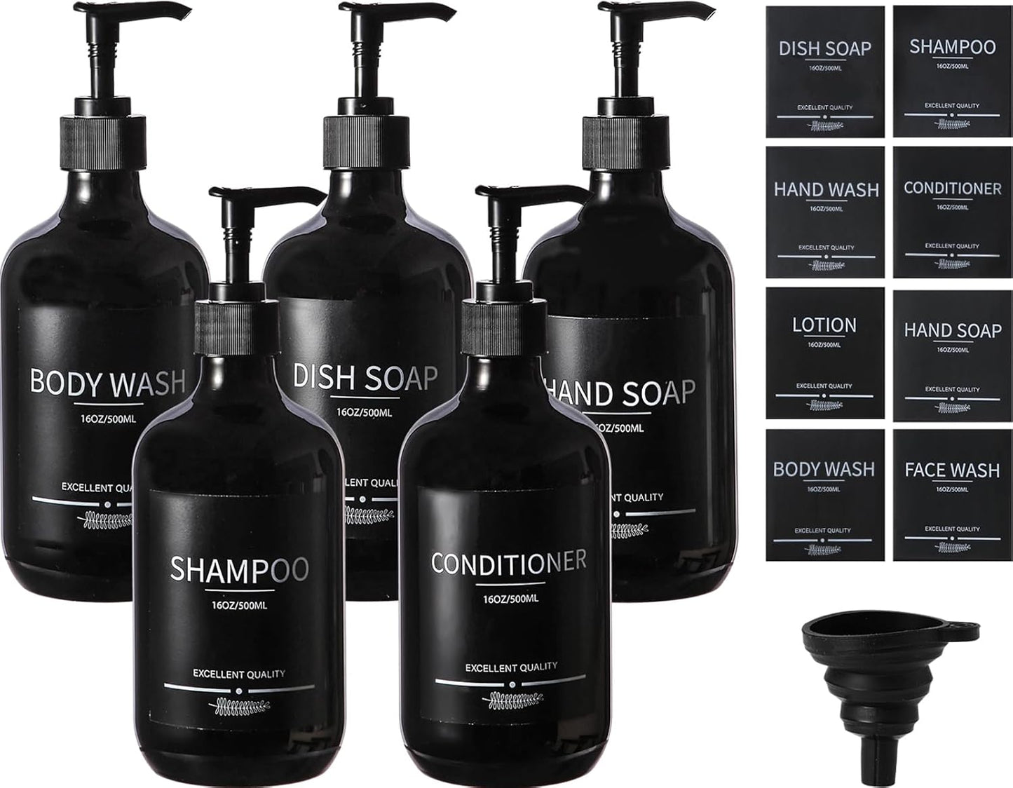 (5Pack) Black Shower Bottles Refillable with Labels, 16.9oz Reusable Shampoo and Conditioner Bottles,Shampoo Dispenser Bottles