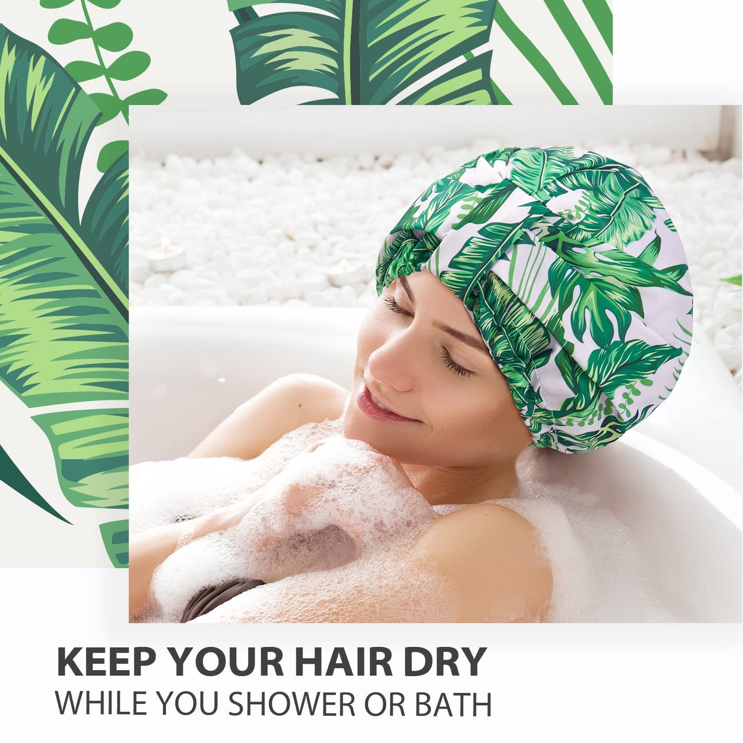 INNELO Luxury Shower Cap for Women Reusable Waterproof, Double Layered Shower Hair Cap with Adjustable Elastic Strap, Large Satin Lined Shower Bath Cap for Long Curly Straight Hair, Palm leaves