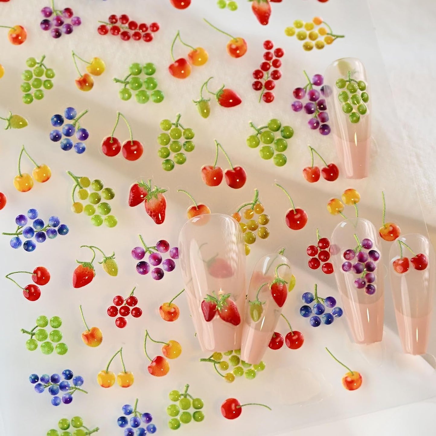 Cute Fruit Nail Decals, Embossed Cherry Grape Nail Stickers, Self-Adhesive Nail Accessories for Women