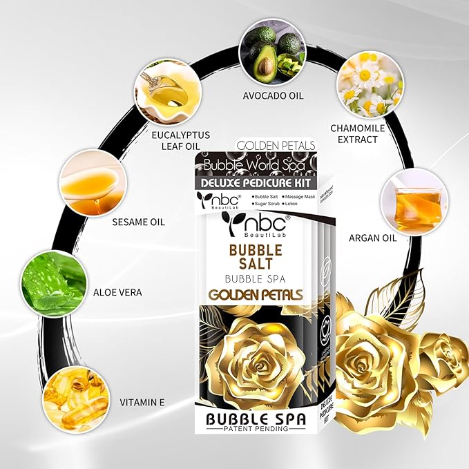 Pedicure Kit Foot Soak Set: Bubble Salt, Sugar Scrub, Massage Mask, Massage Lotion in a Box, 4 Step Foot Spa Kit for Dry Feet,Tired Feet (1 Set Golden Petals)