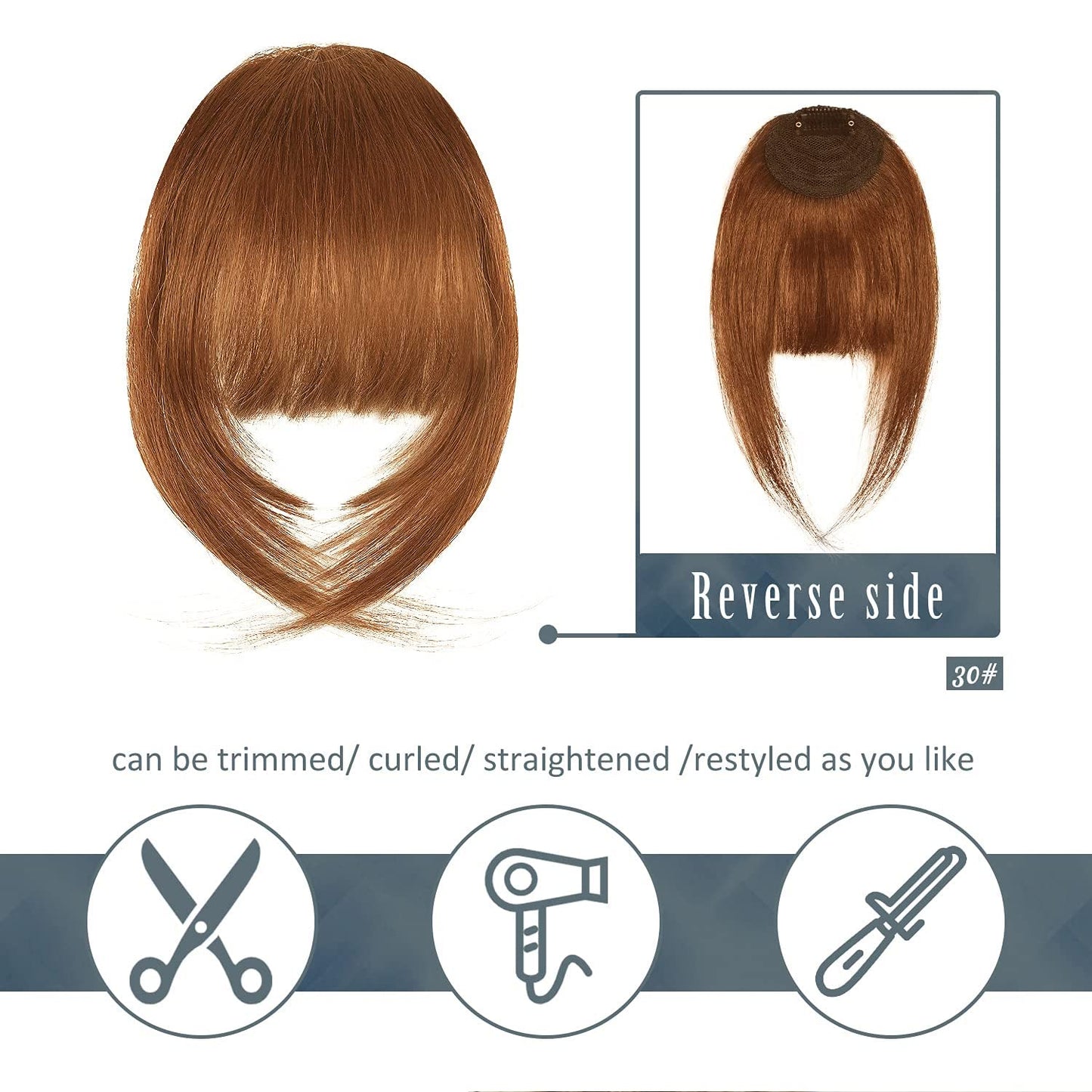 BARSDAR Real Human Hair Clip in Bangs - 100% Human Hair Clip in Bangs for Women - Auburn French Bangs Extensions Fringe with Temples Dyeable Real Hair Bangs Hairpieces - Medium Auburn