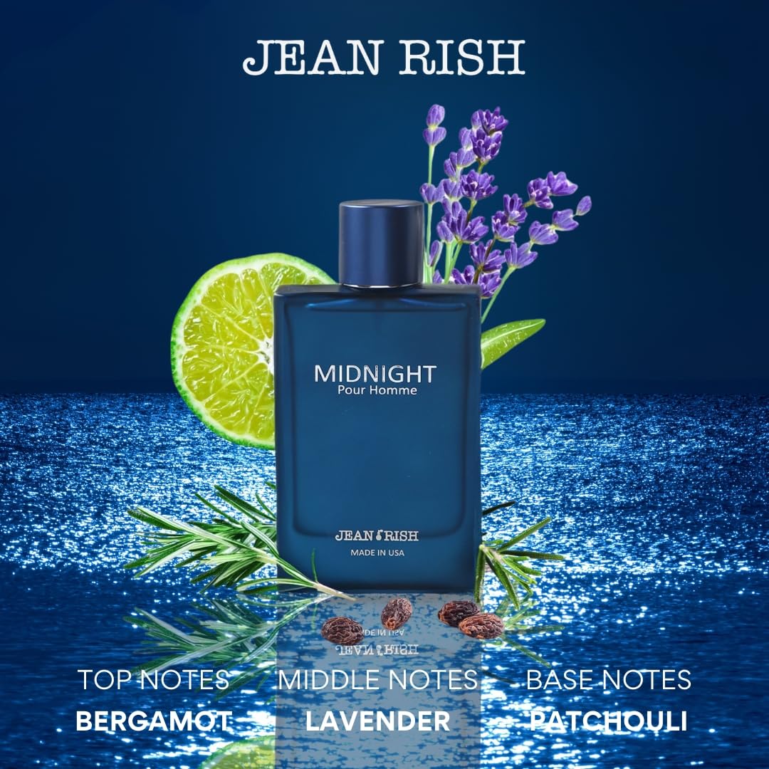 Jean Rish Midnight Pour Homme Eau De Toilette for Men (3.4 Fl Oz / 100ml) with Bergamot, Lavender & Patchouli - Long Lasting and Luxury Fragrance, Made in USA