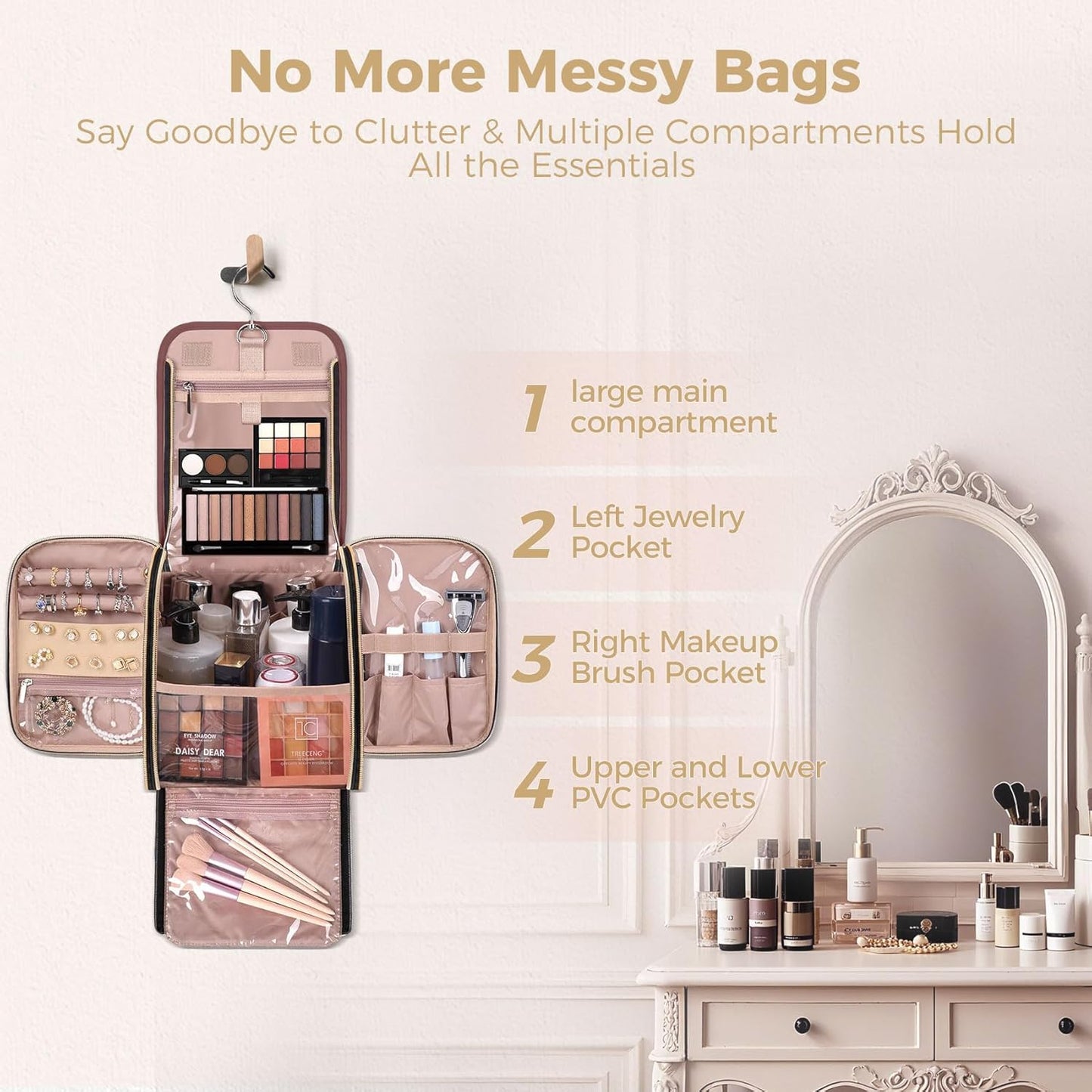 Hanging Toiletry Bag & Makeup Bag for Women with Jewelry Organizer - TSA Approved Large Capacity Travel Cosmetic Organizer, Waterproof Shower Essentials Case with Transparent Pockets