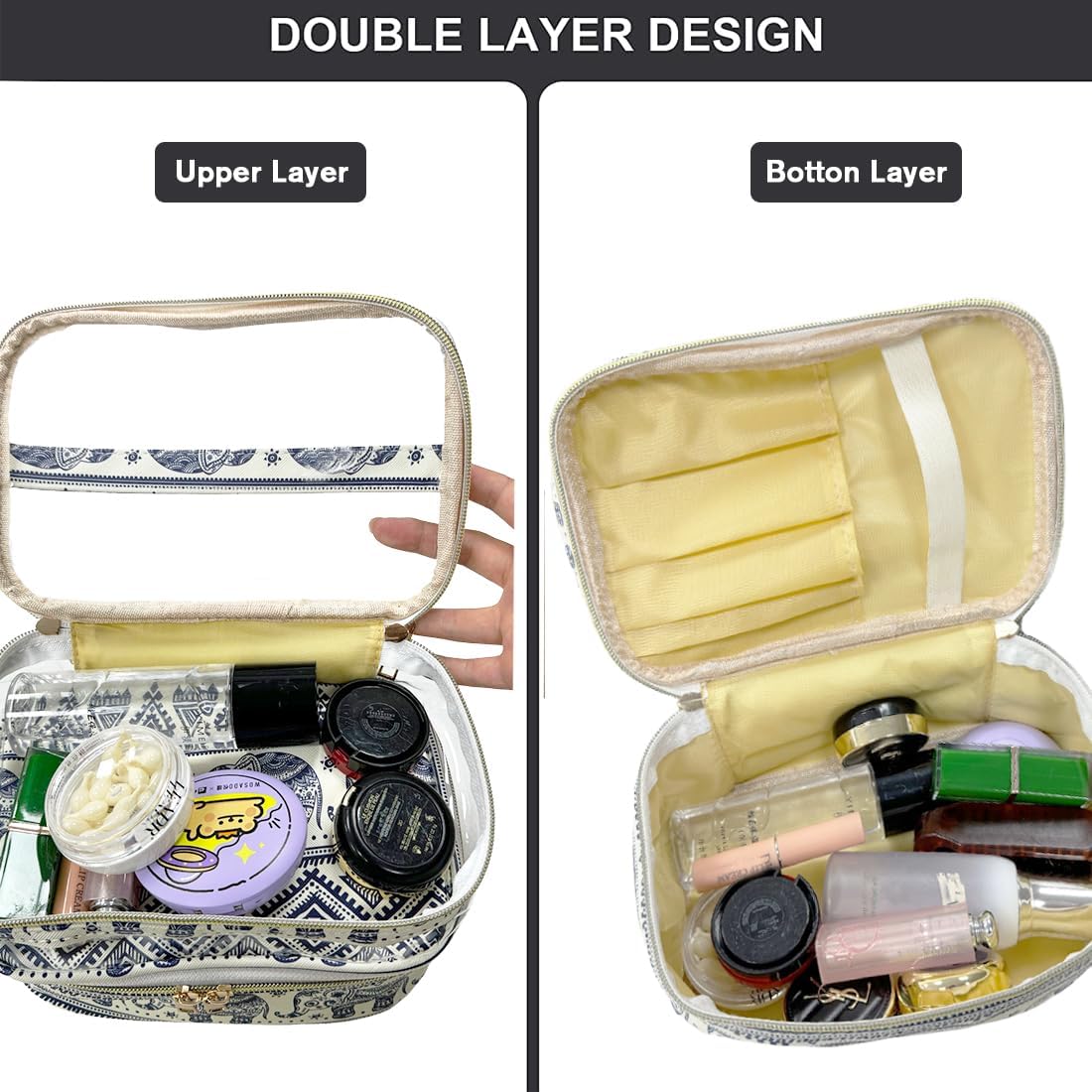 FITINI Makeup Bags Double Layer Travel Storage Cosmetic Cases Make up Organizer Toiletry Bags Water-resistant for Women Makeup Brush Bag,Elephant