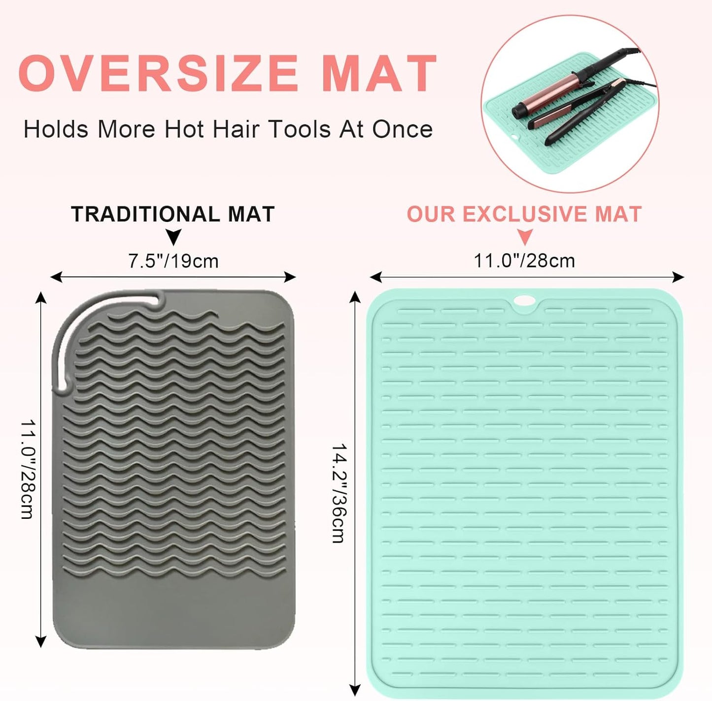 Oversize Silicone Heat Resistant Mat for Curling Irons, Flat Irons, Hair Straighteners and Hot Hair Styling Tools, Portable Hot Tools Sleeve Pad for Travel Vanity Salon(14.2" x 11.0")