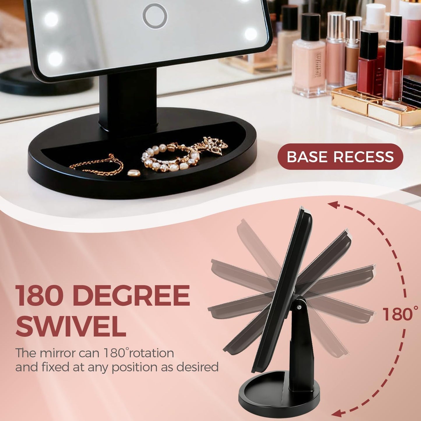 KOOKIN Lighted Vanity Makeup Mirror Led Lights 180 Degree Rotation Lighted Mirror Touch Screen Adjusted Brightness Desk Mirrors USB Dual Supply Bathroom Beauty Cosmetic Mirrors (Black)