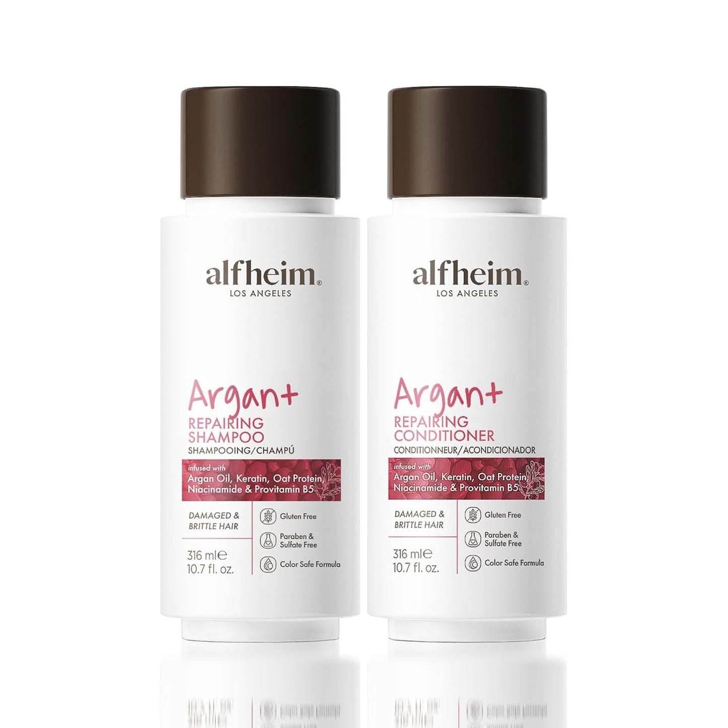 ALFHEIM Argan+ Repairing Shampoo & Conditioner Set for Dry, Damaged & Frizzy Hair with Argan Oil, Keratin, Oat Protein – Deep Repair, Shine & Frizz Control – Sulfate Free – Travel Size 10.7 oz × 2