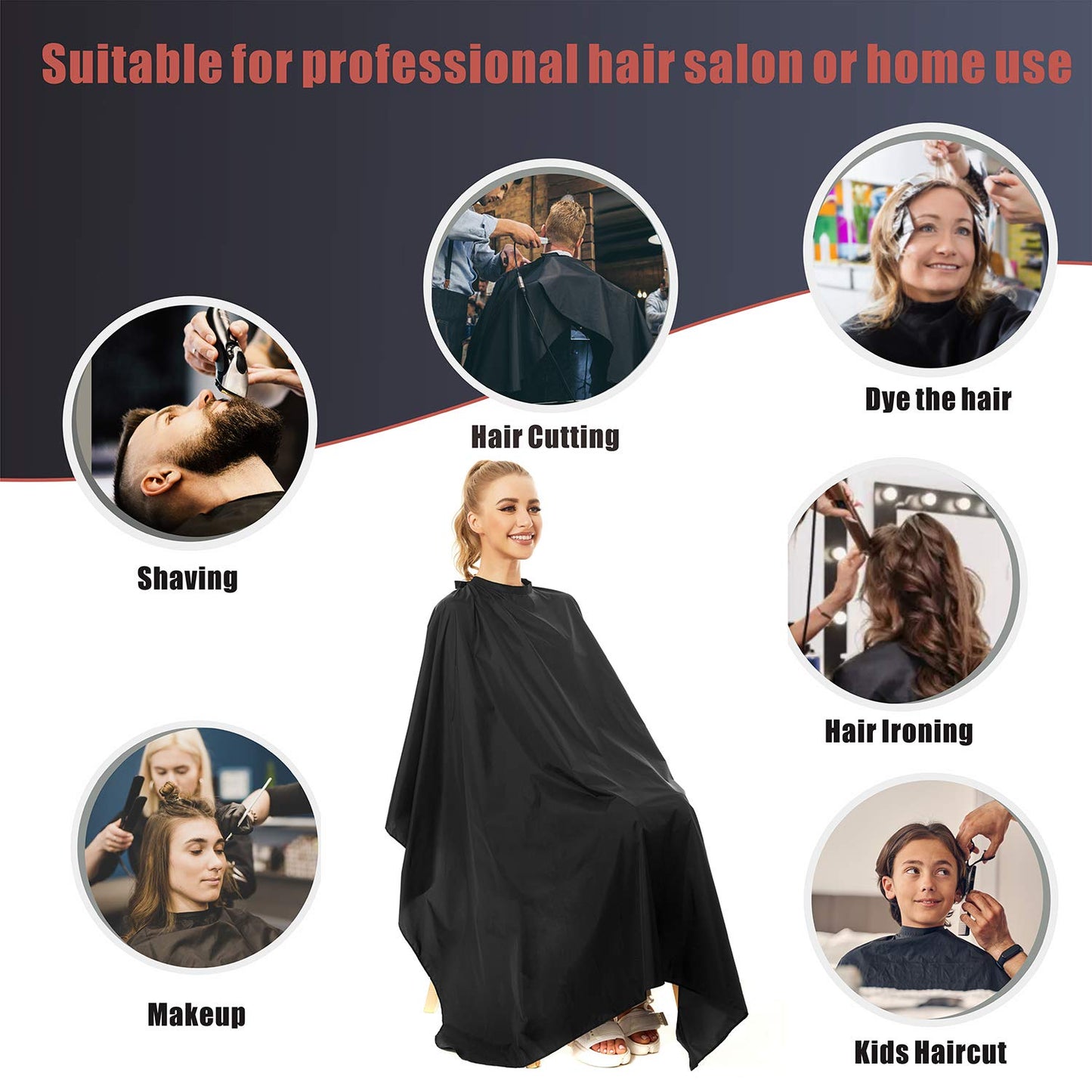 Nylon Barber Cape 64"x56" Waterproof Salon Large Hair Cutting Cape Haircut for Men with Adjustable Snap Closure Color Capes Professional Stylist Hairdresser Apron Adults Unisex Black