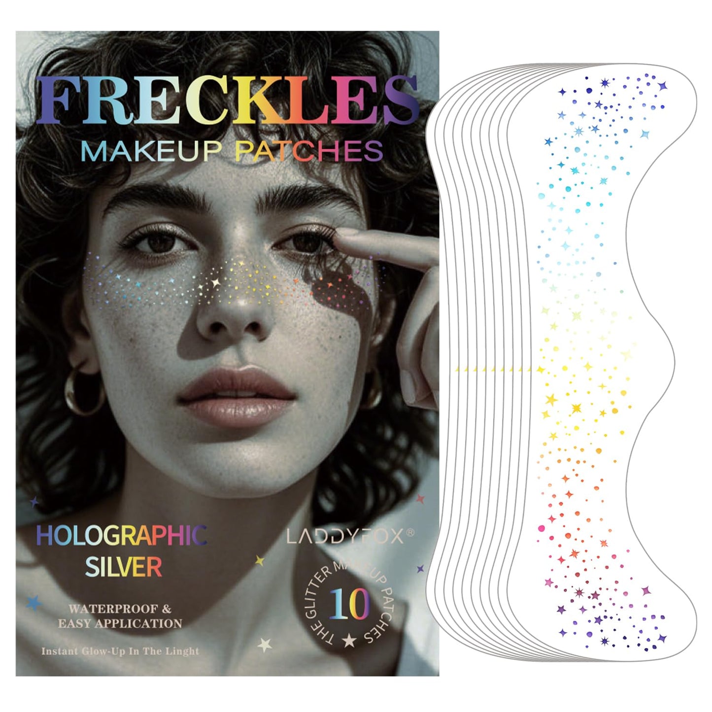10 Pcs Face Holographic Laser Makeup Patches, Holographic Multichrome Glitter Freckles Face Tattoo, Glitter Freckles, Sparkle and Waterproof Face Glitter Speckles Patches for Women