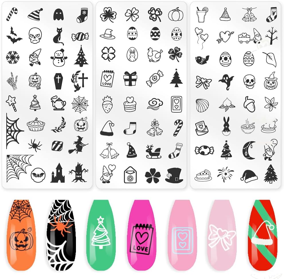3Pcs Holiday Nail Stamping Plate Set Christmas Halloween Nail Stamp Templates Easter St. Patrick's Day Metal Reusable Tools with Stamper Scraper for Manicure Printing