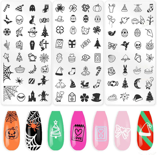 3Pcs Holiday Nail Stamping Plate Set Christmas Halloween Nail Stamp Templates Easter St. Patrick's Day Metal Reusable Tools with Stamper Scraper for Manicure Printing