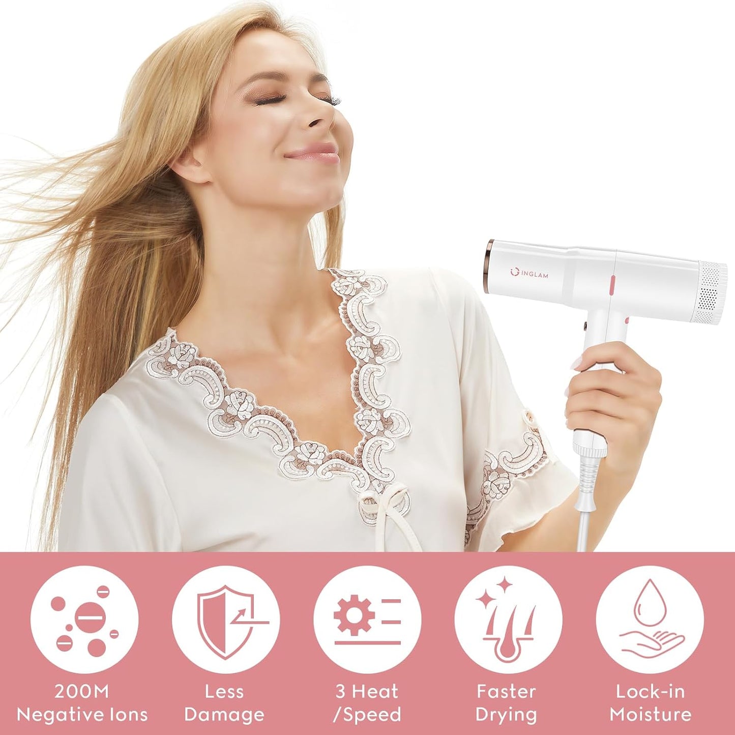 Hair Dryer, IG INGLAM Professional 110,000 RPM High Speed Blow Dryer, Negative Ion Low Noise 3 Heat Settings & 3 Speed & Cold Settings, Lightweight for Travel Home Salon Ionic Hair Dryer